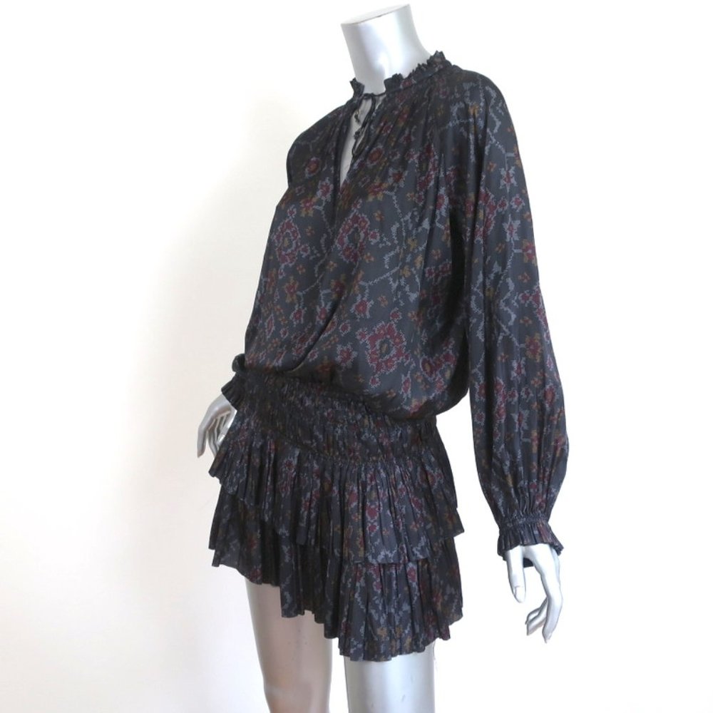ULLA JOHNSON MINI DRESS PIERA CHARCOAL PRINTED PLEATED SATIN SIZE 2 LONG SLEEVE - Picture 4 of 8